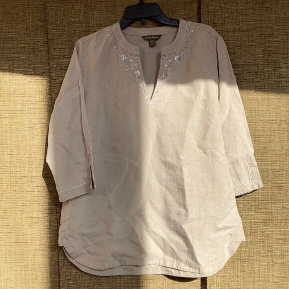 Tommy Bahama pure linen embroidered shirt in natural linen color. - Picture 1 of 6